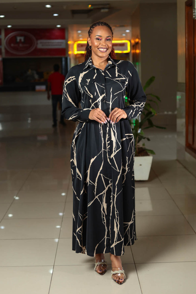 Black Cream Printed Maxi Shirt Dress