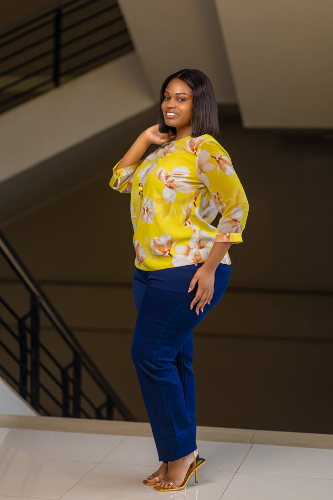 Yellow Cream Floral Chain Chiffon Top
