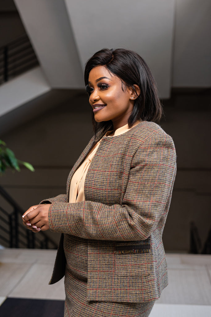 Brown checked skirt suit - sarai afrique limited