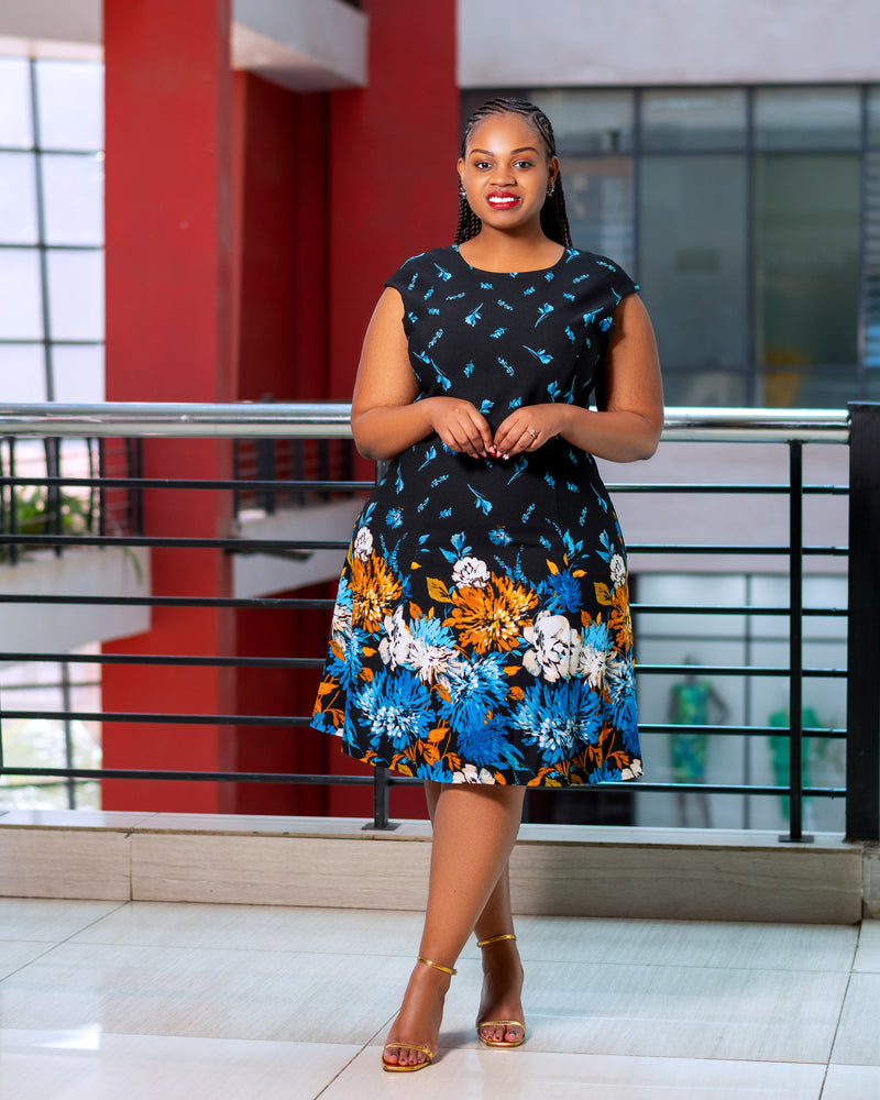 Blue Black Flowered Aline Dress