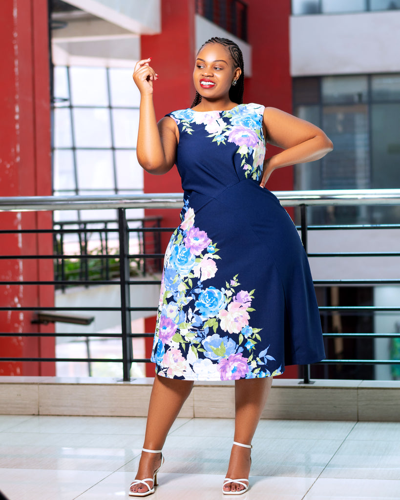 Navy Blue Blush Floral Aline Dress Sarai Afrique Navy Blue Blush Floral Aline Dress Sarai Afrique