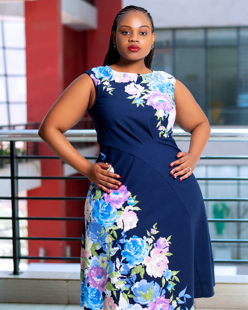 Navy Blue Blush Floral Aline Dress Sarai Afrique Navy Blue Blush Floral Aline Dress Sarai Afrique