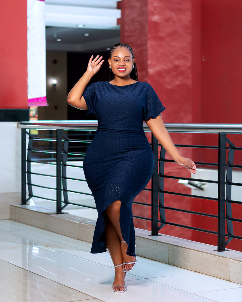 Navy Side Ruched Slit Dress