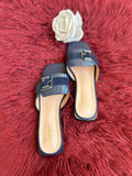 Navy Belt Buckle Flat Heel Sandals
