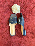 Navy Belt Buckle Flat Heel Sandals