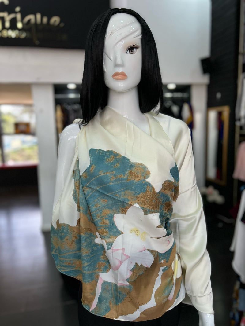 Cream Blue Floral Silk Scarfs