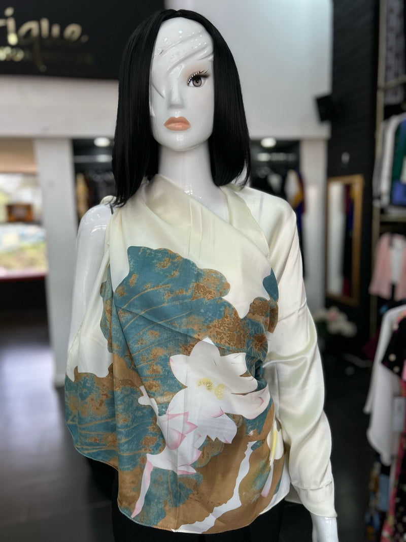 Cream Blue Floral Silk Scarfs