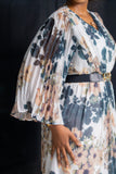 White Icy V-Neck Pleated Dress Taupe - Green Print