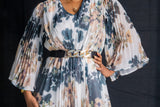 White Icy V-Neck Pleated Dress Taupe - Green Print