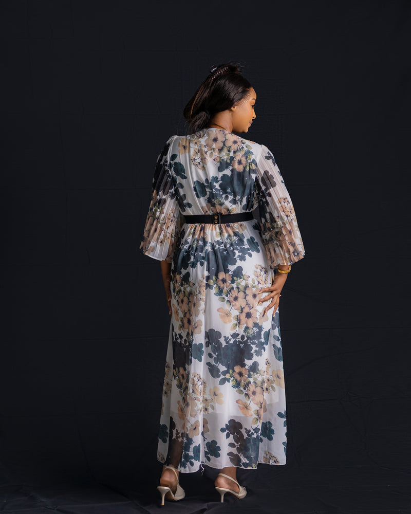 White Icy V-Neck Pleated Dress Taupe - Green Print