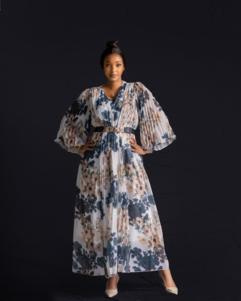 White Icy V-Neck Pleated Dress Taupe - Green Print