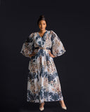 White Icy V-Neck Pleated Dress Taupe - Green Print