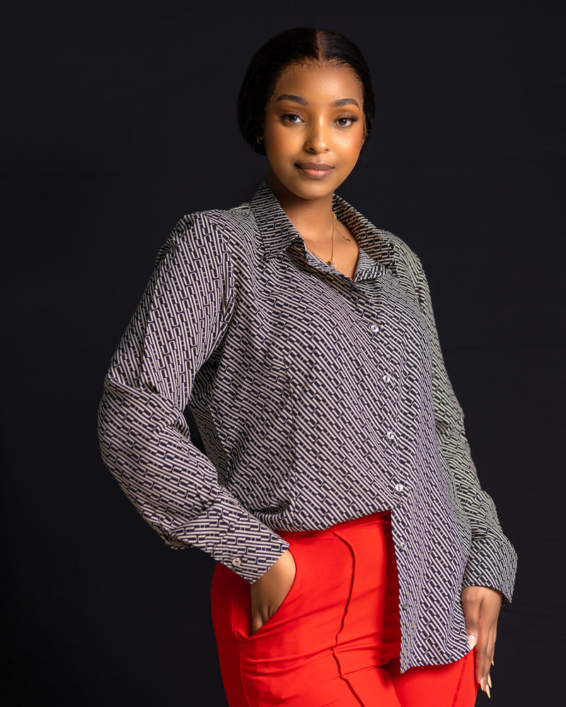 Button Up Shirt - Black/White Print - Sarai Afrique
