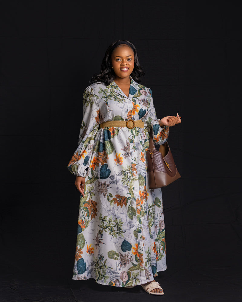 White Icy Bishop Sleeve Shirt Dress - Green Orange