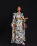 White Icy Bishop Sleeve Shirt Dress - Green Orange