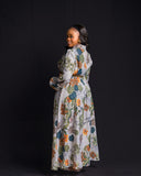 White Icy Bishop Sleeve Shirt Dress - Green Orange