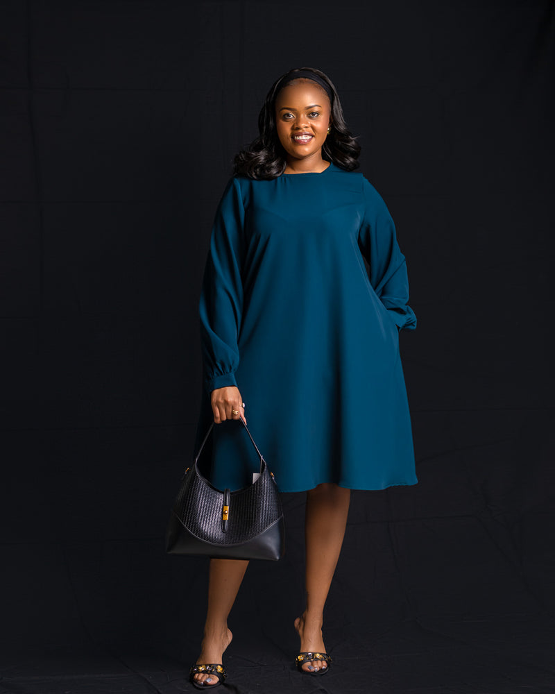 Teal Bishop Sleeve Dress - Sarai Afrique