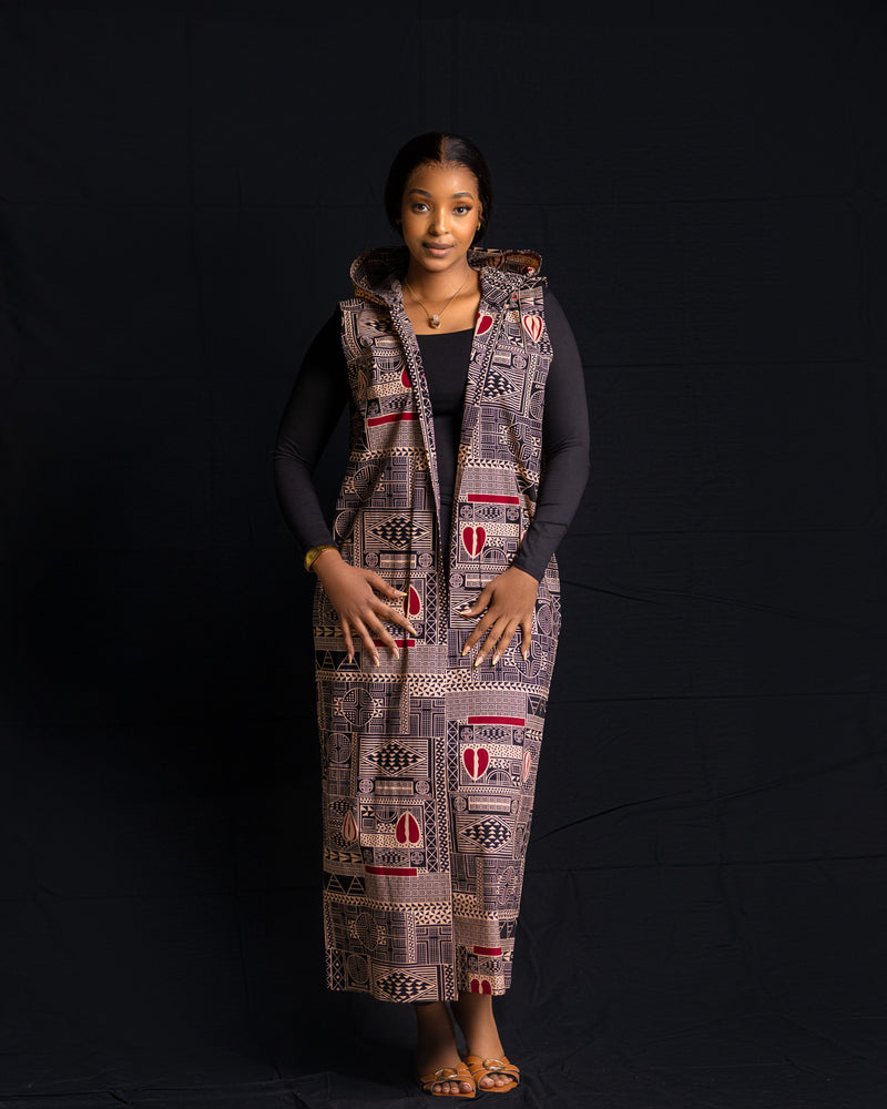 Hooded Kimono - Peach/Red Ankara - Sarai Afrique