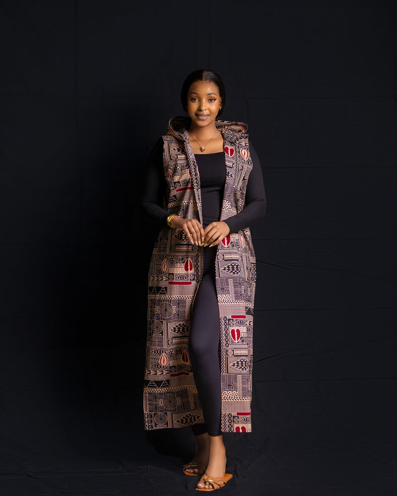 Hooded Kimono - Peach/Red Ankara - Sarai Afrique