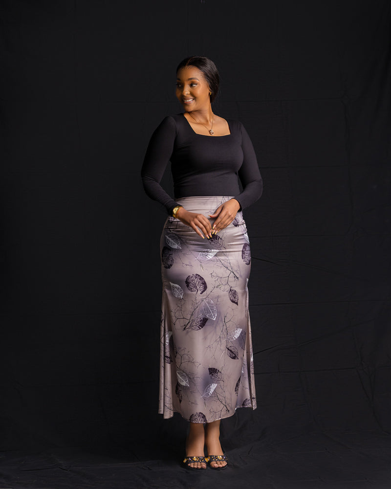 Satin Maxi Skirt - Taupe/Black Print - Sarai Afrique