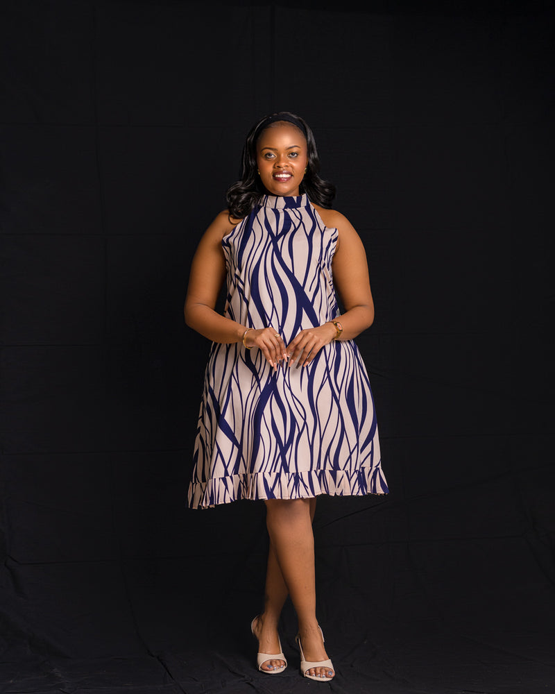 Halter Neck dress - Peach/Navy print
