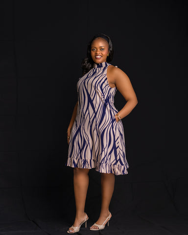 Halter Neck dress - Peach/Navy print