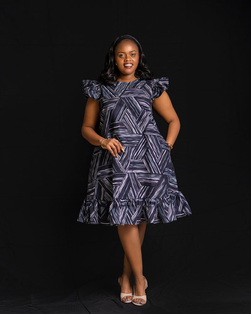 Aline Ruffle Dress - Navy/Grey Ankara - Sarai Afrique