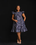 Aline Ruffle Dress - Navy/Grey Ankara - Sarai Afrique
