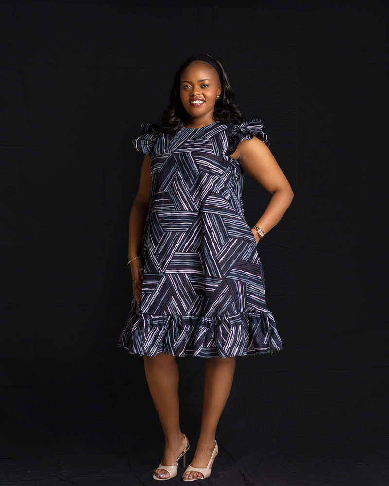 Aline Ruffle Dress - Navy/Grey Ankara - Sarai Afrique