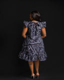 Aline Ruffle Dress - Navy/Grey Ankara - Sarai Afrique