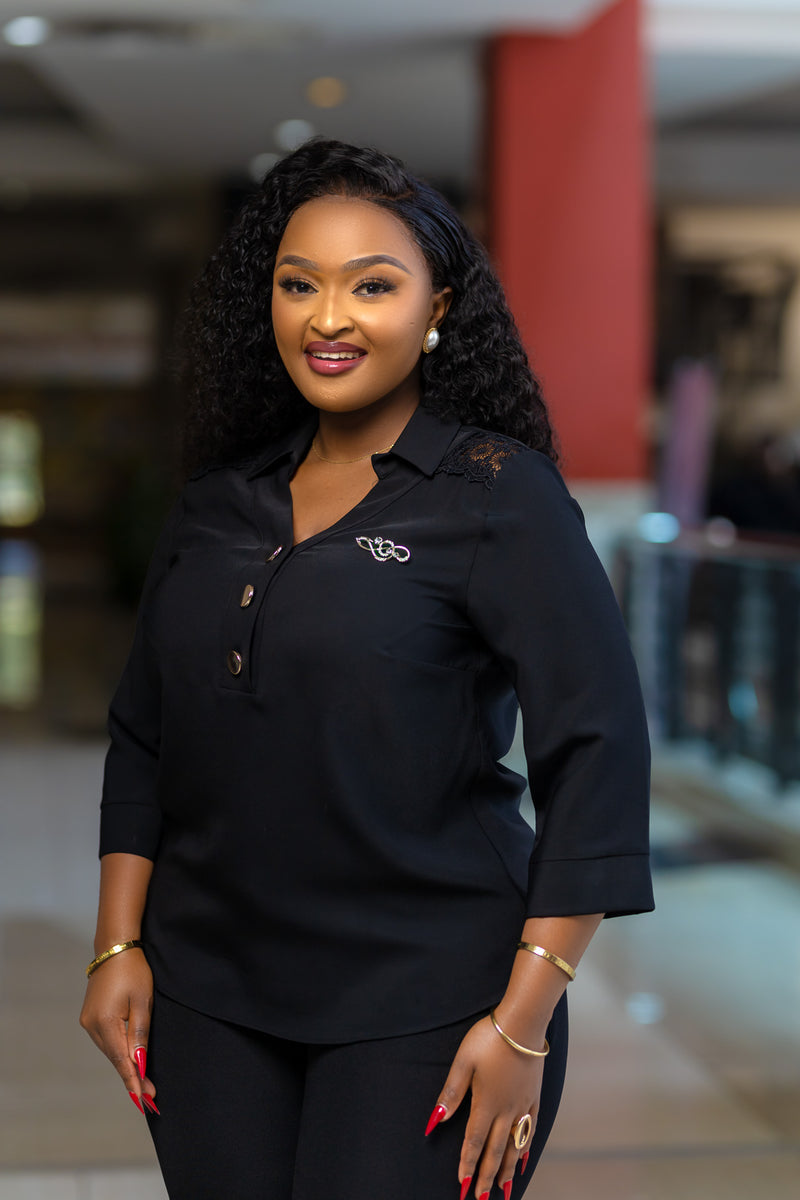 Black V-Neck 3 Buttoned Top