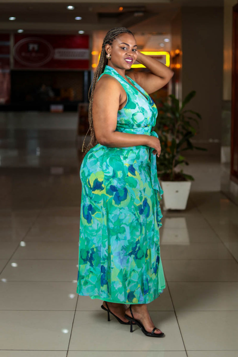 Green Sleeveless Belt Chiffon Dress