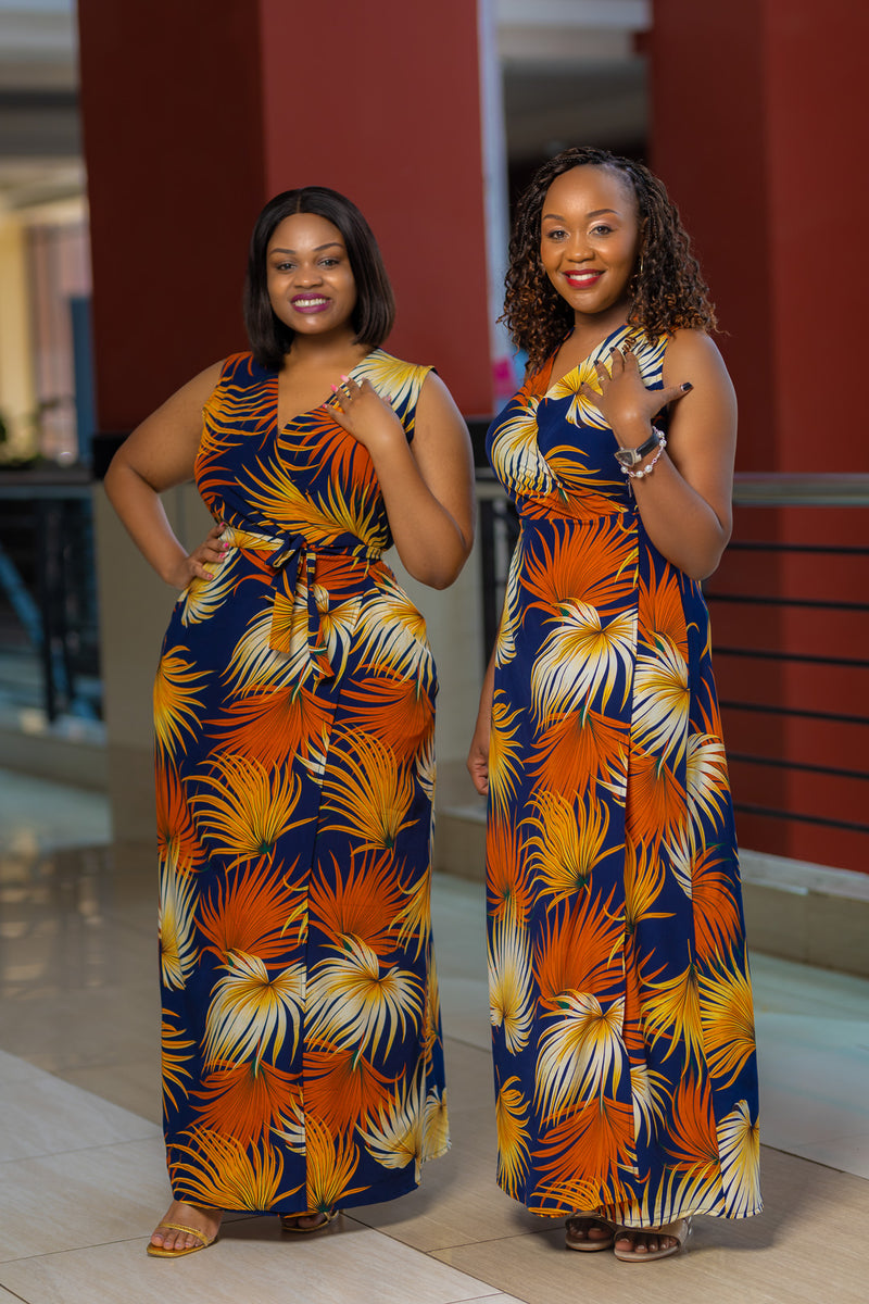 Yellow Blue Sleeveless Maxi Wrap Dress