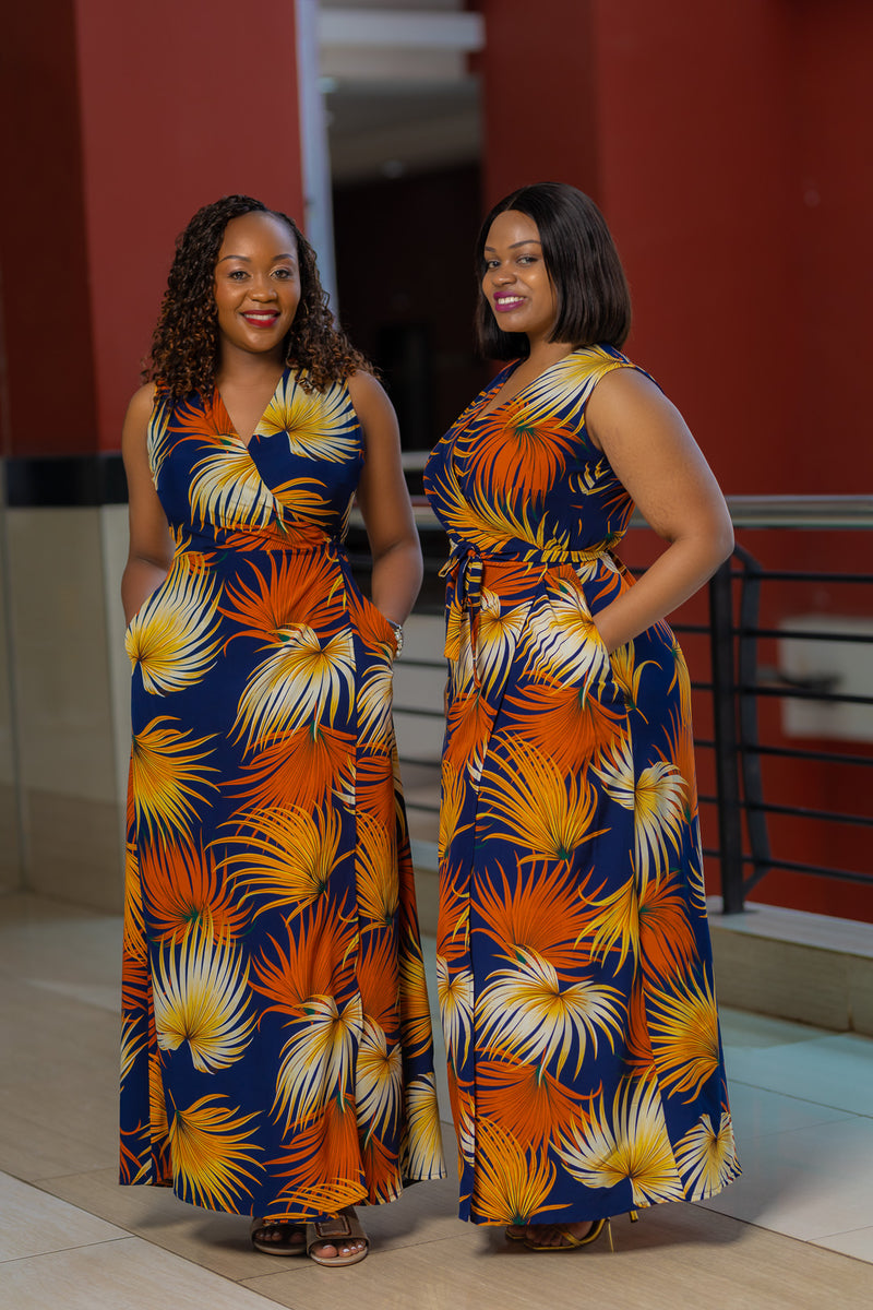 Yellow Blue Sleeveless Maxi Wrap Dress