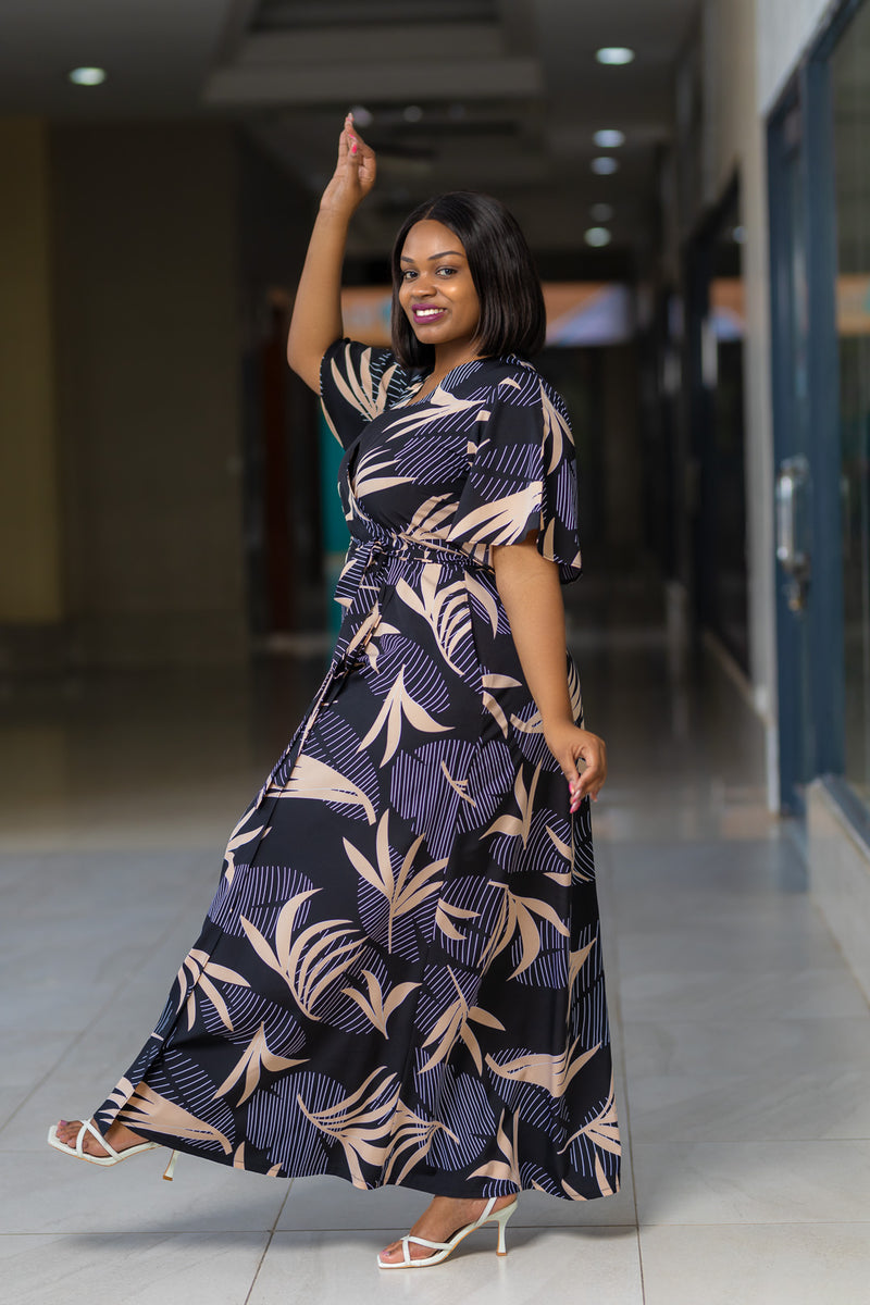 Black Beige Sleeved Maxi Wrap Dress