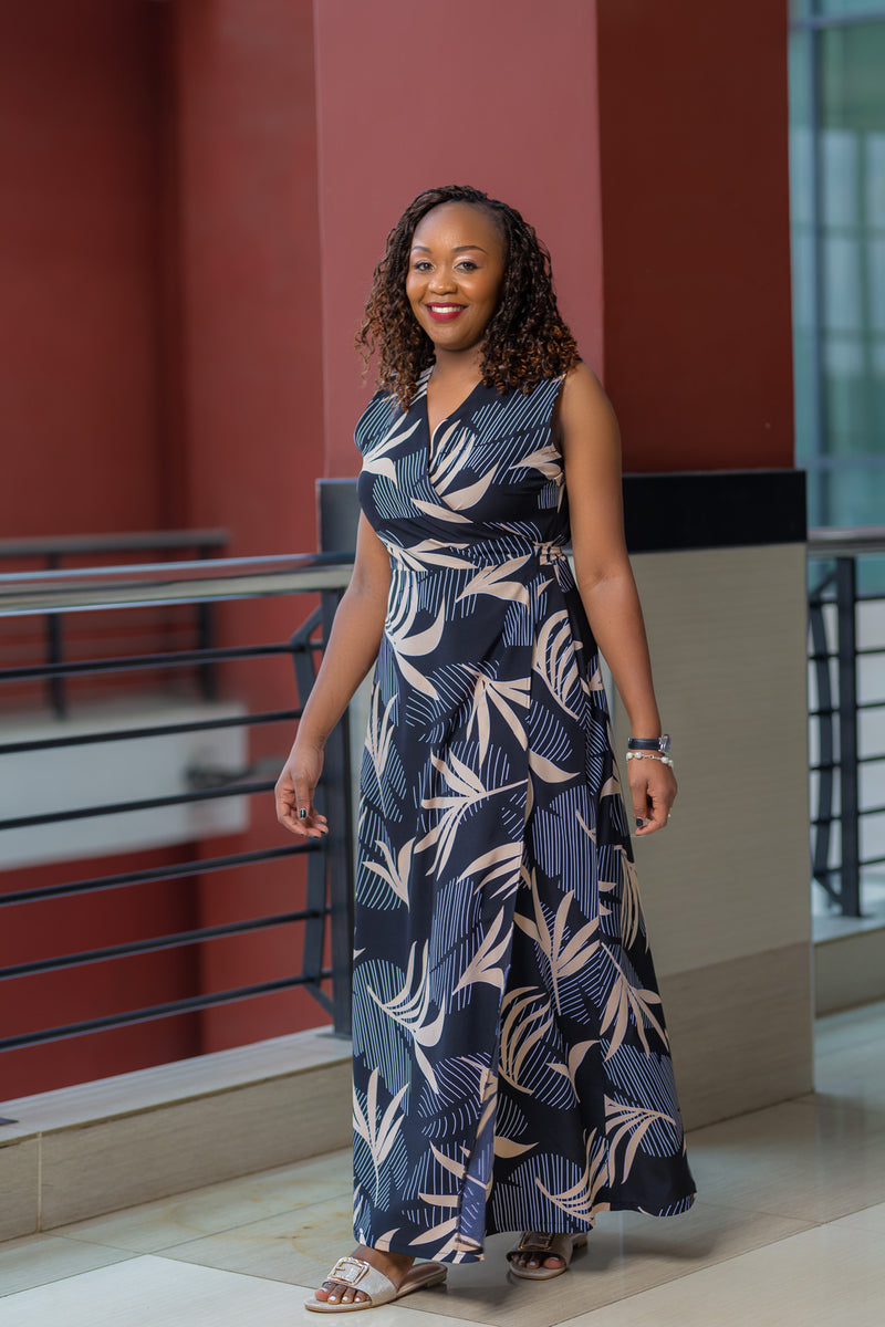 Black Beige Sleeveless Maxi Wrap Dress