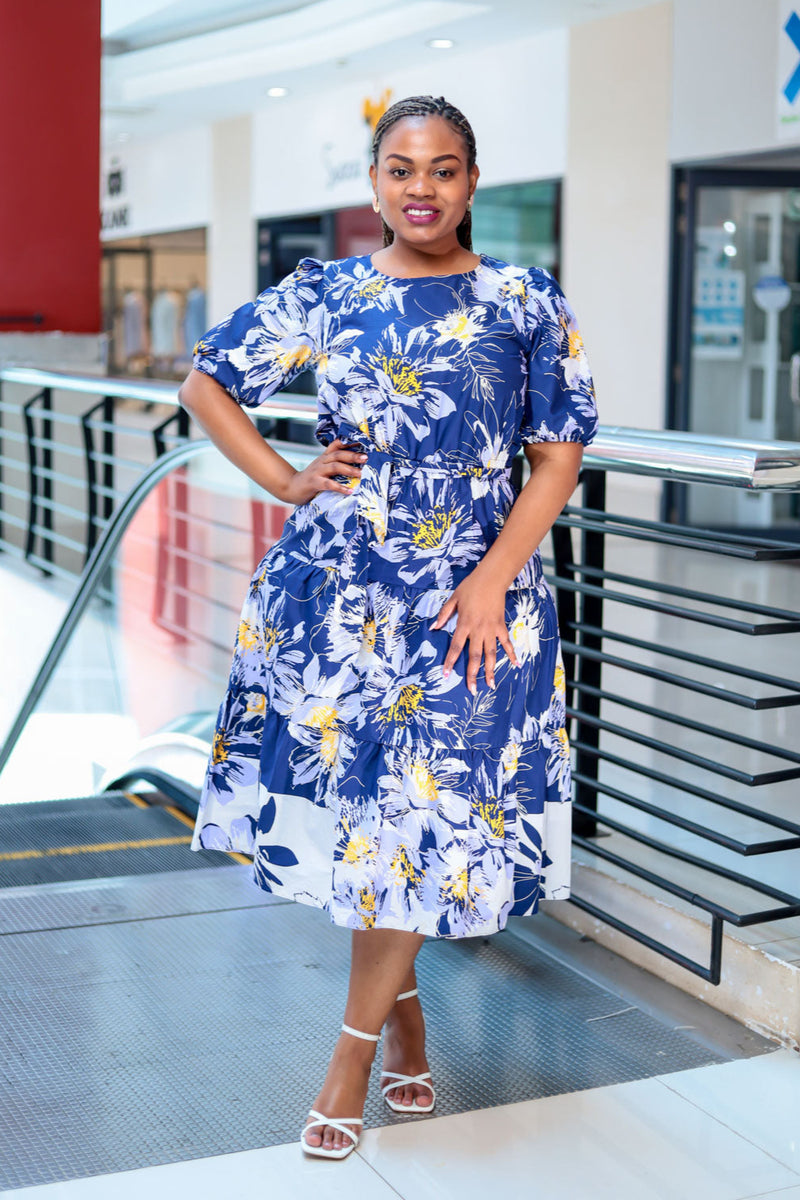 Navy Purple Floral Belt Dress