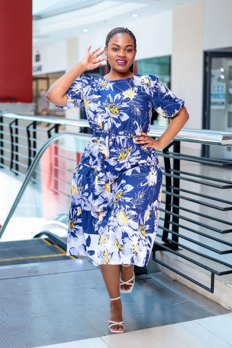 Navy Purple Floral Belt Dress