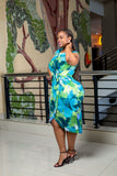 Blue Green Floral Wrap Dress