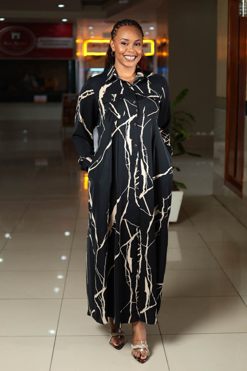 Black Cream Printed Maxi Shirt Dress