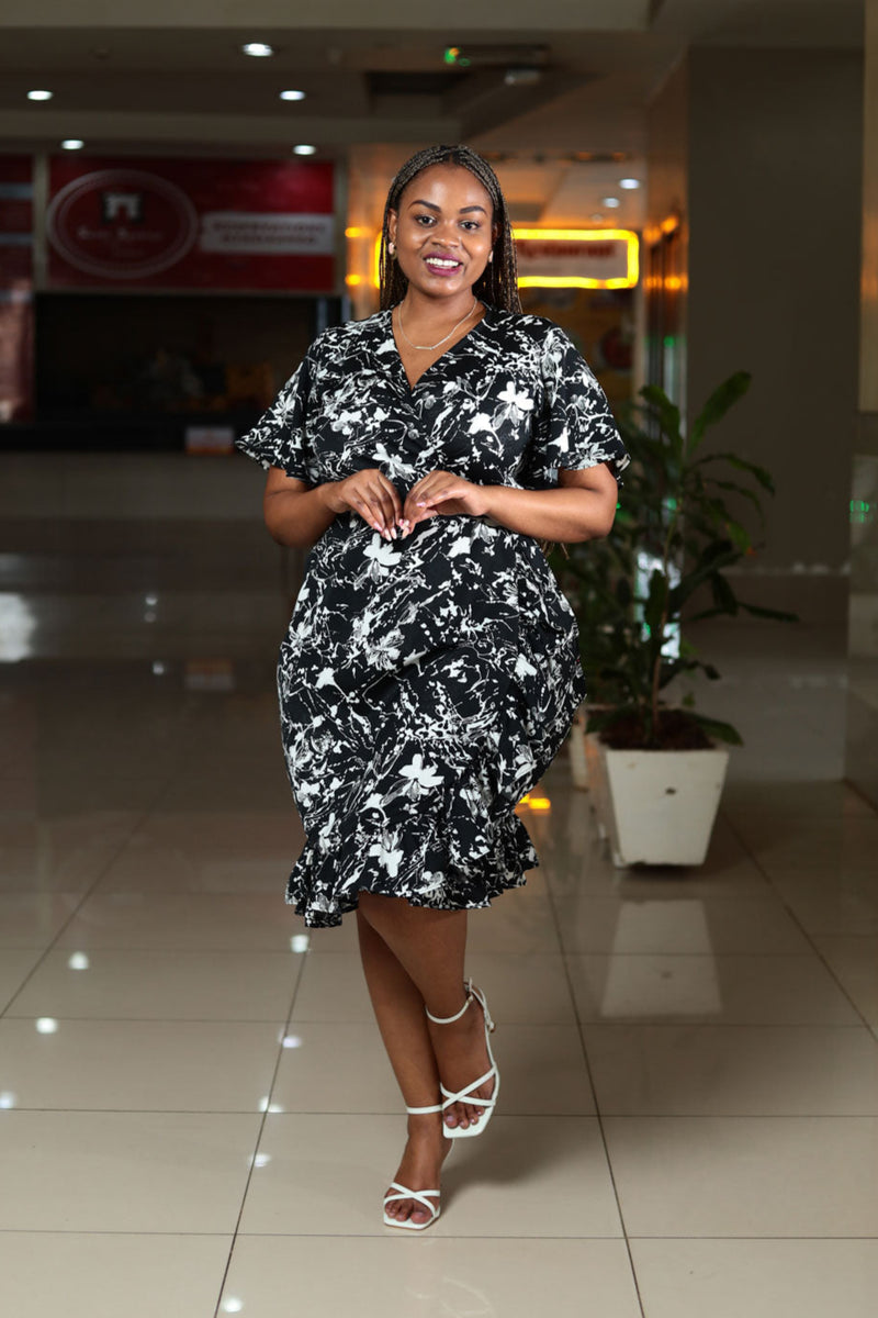 Black and white printed wrap dress