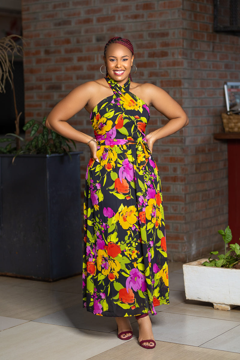 Yellow Green Crossneck Maxi dress-sarai afrique limited