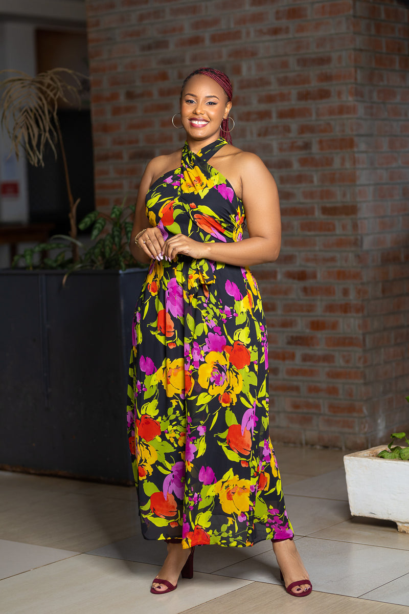 Yellow Green Crossneck Maxi dress-sarai afrique limited