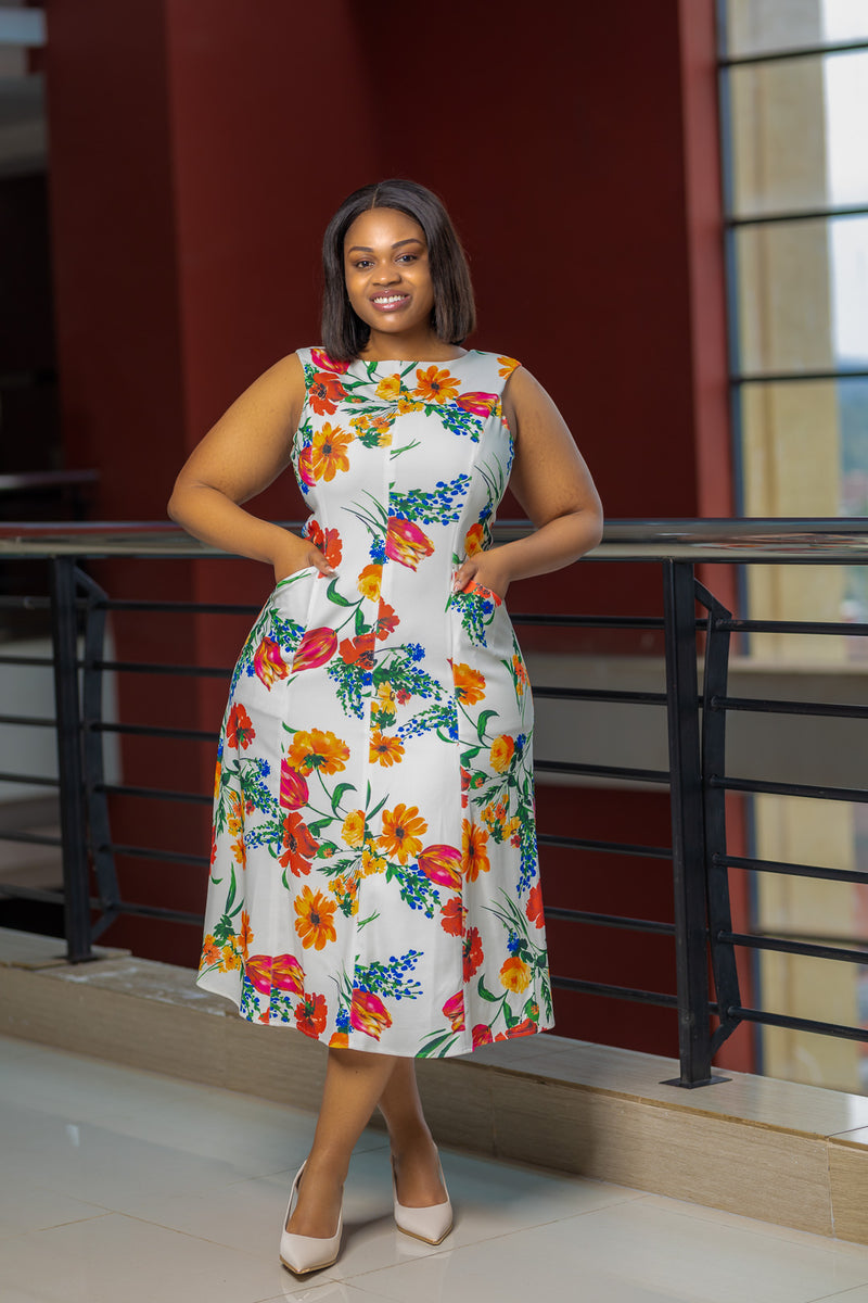 White multicolored sleeveless Aline Dress
