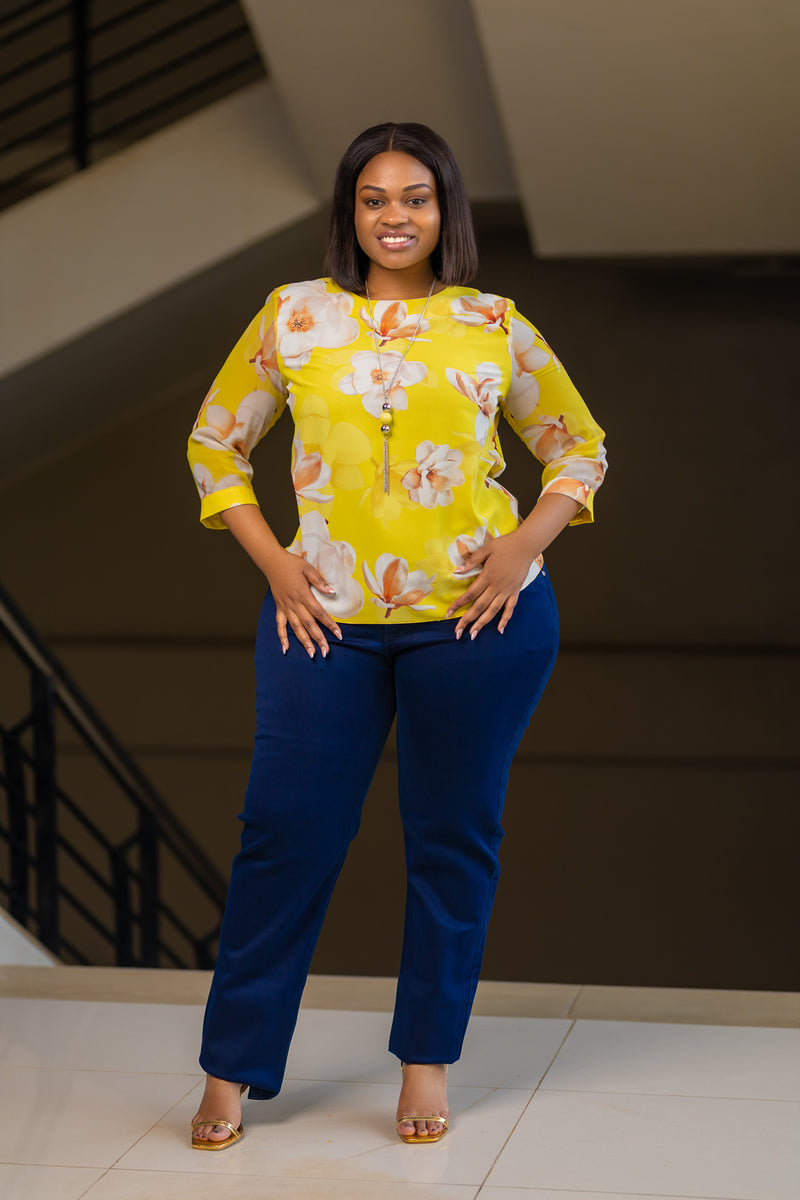Yellow Cream Floral Chain Chiffon Top