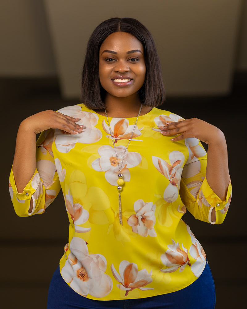 Yellow Cream Floral Chain Chiffon Top