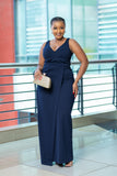 Navy vneck pleated gown
