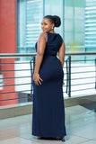 Navy vneck pleated gown