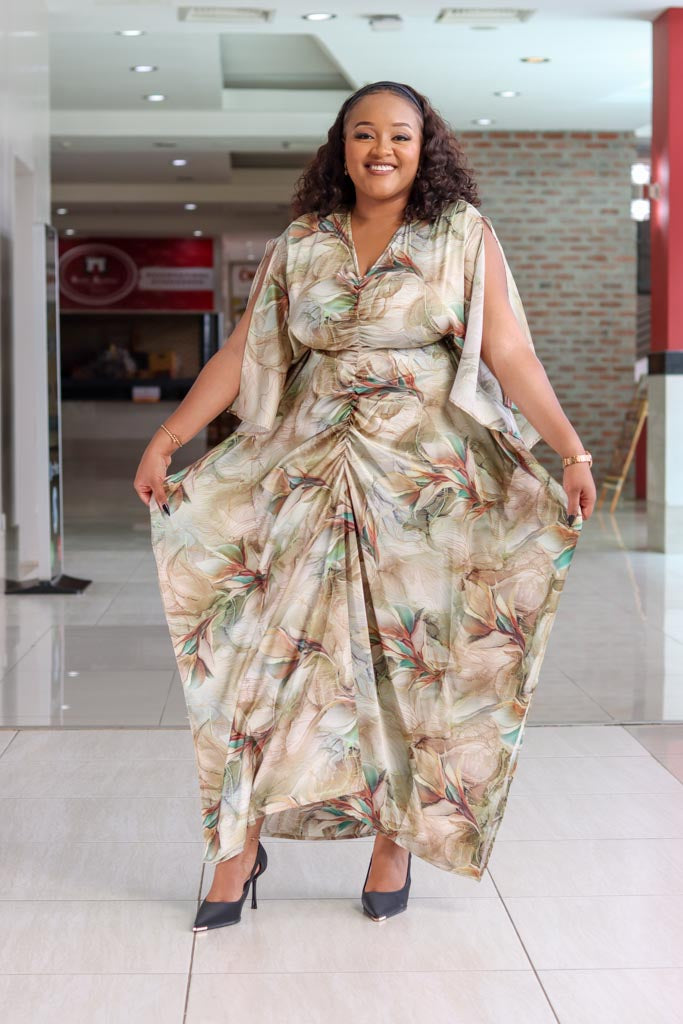 Beige floral Ruched Kaftan - Sarai Afrique