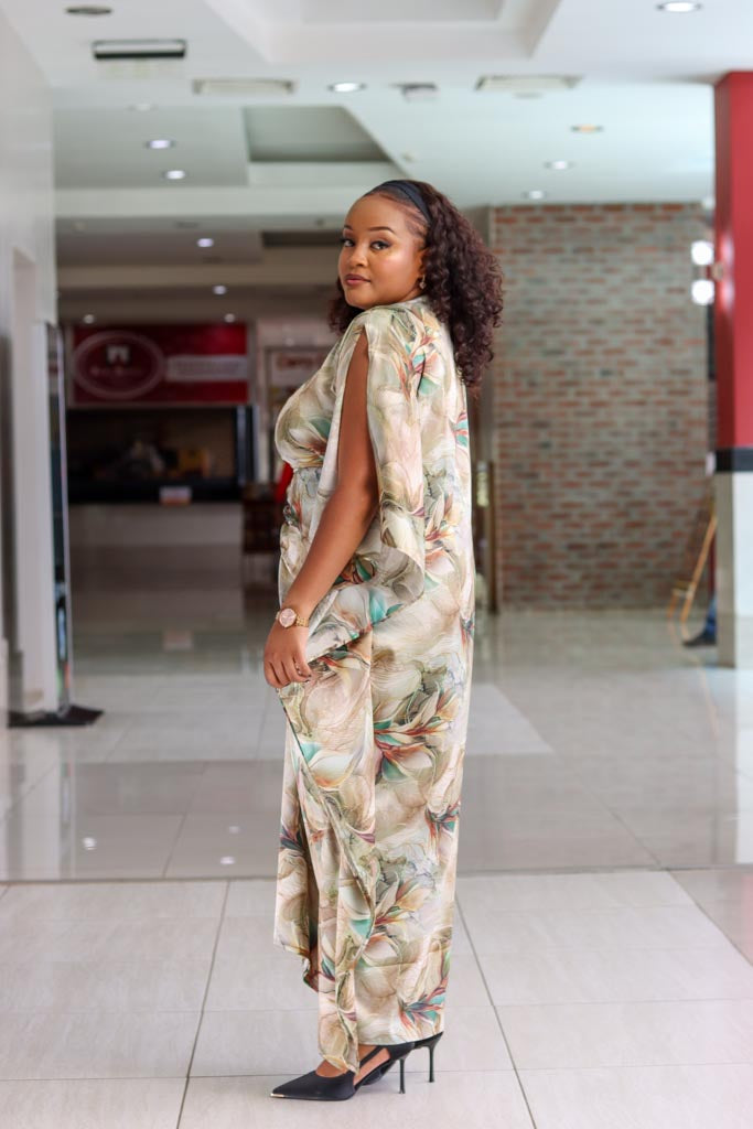 Beige floral Ruched Kaftan - Sarai Afrique